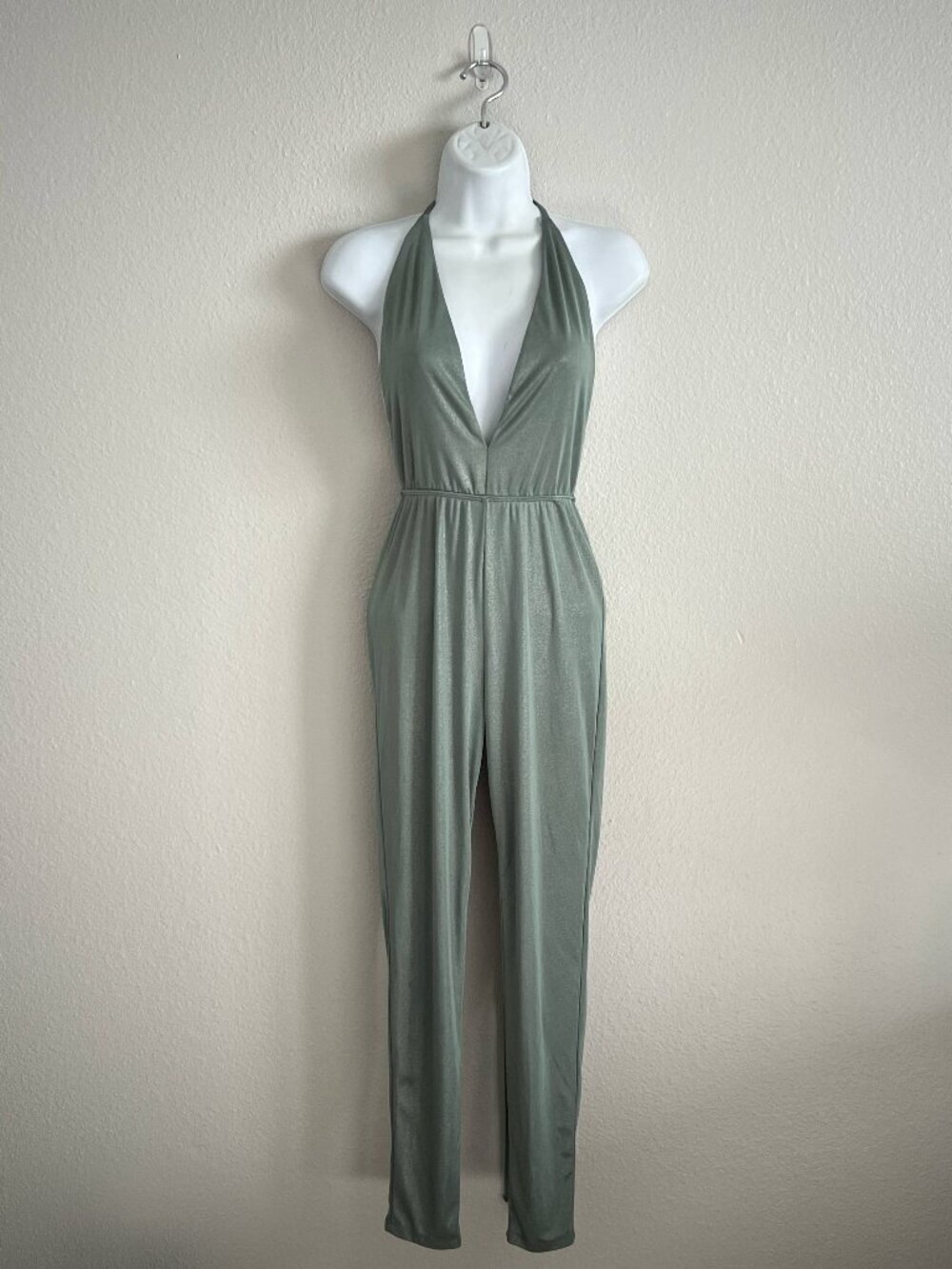 Y2K V-Neck Shimmer Halter Neck Tie Back Jumpsuit Disco Mermaid Skinny Leg Sz XS
